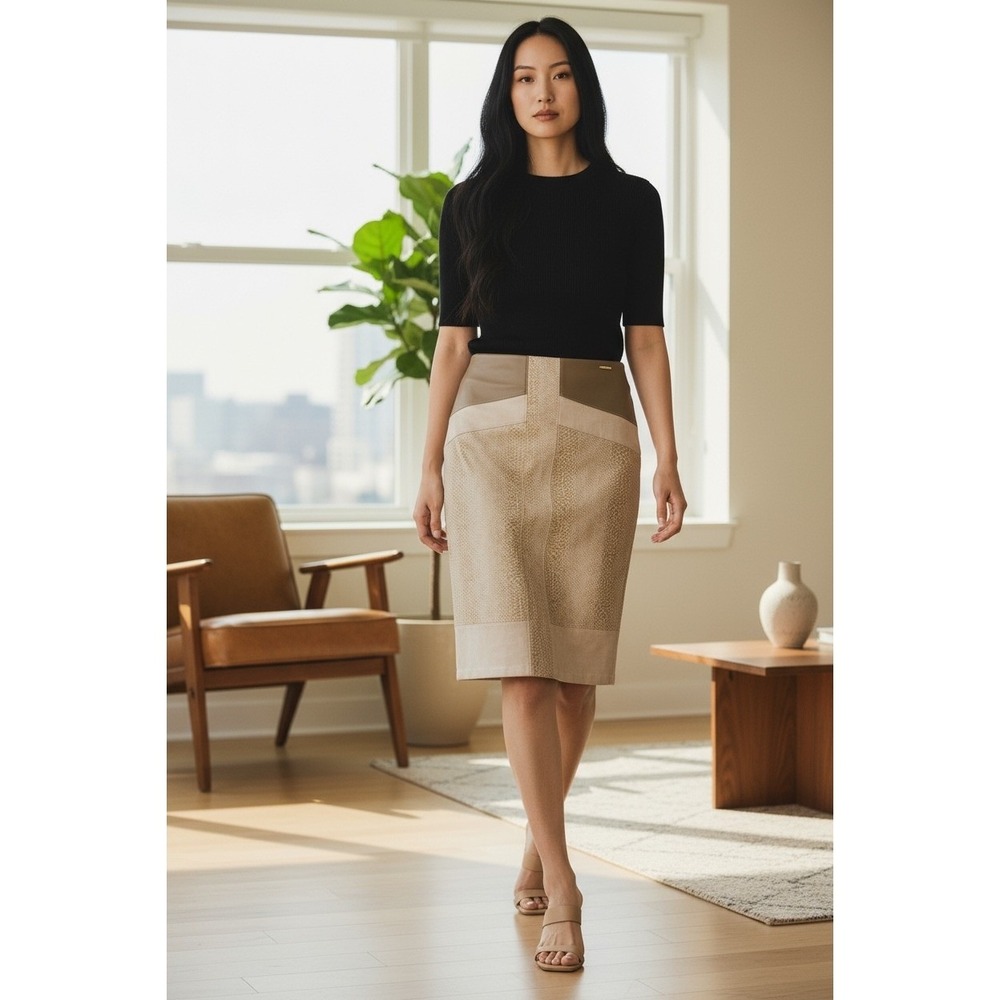 Marc New York Andrew Marc Pencil Skirt Full Control Waistband Beige Combo L